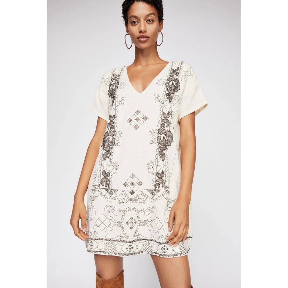 Free People Glimmering Lights Mini Dress‎ M Canvas Beaded Boho Cottage